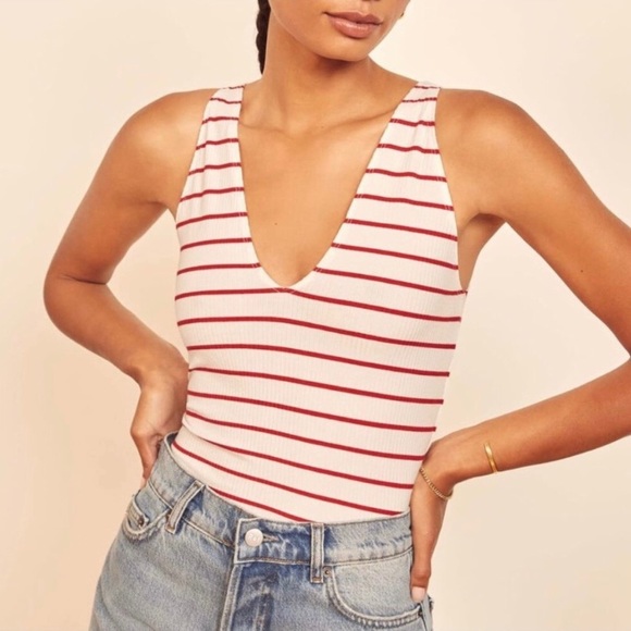Reformation Tops - Reformation Maui Tank Top White and Red Stripe Sleeveless V Neck Stretch / XS